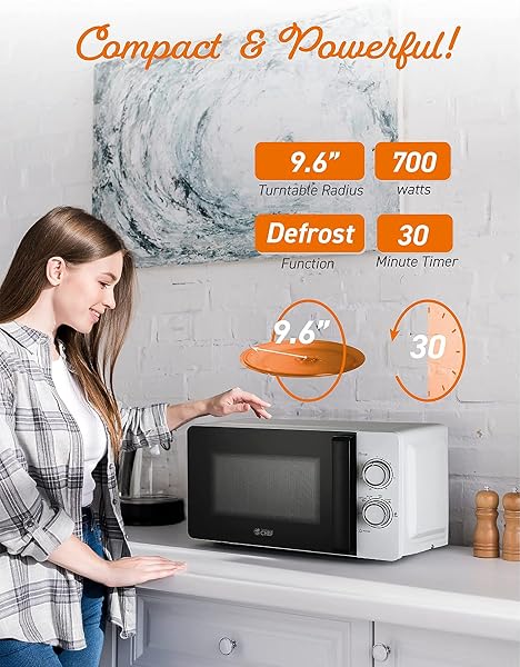 COMMERCIAL CHEF SMALL MICROWAVE 0.7 CU. FT. COUNTERTOP MICROWAVE WITH MECHANICAL CONTROL, WHITE MICROWAVE WITH 6 POWER LEVELS, OUTSTANDING PORTABLE MICROWAVE WITH CONVENIENT PULL HANDLE
