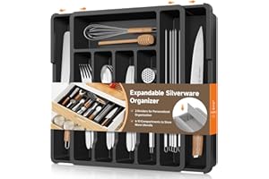KreuRaxy Expandable Silverware Cutlery Utensil Organizer Tray for Kitchen Drawers, 13 to 22.8 Inch Adjustable Design with 2 D