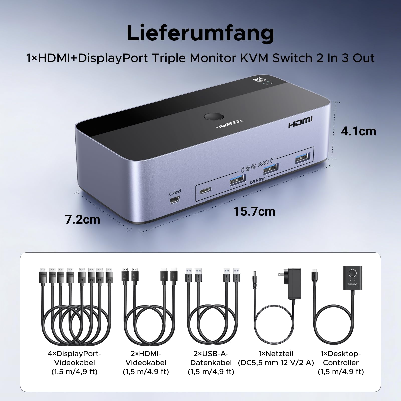 UGREEN HDMI+Displayport KVM Switch 2 PC 3 Monitore 8K60Hz mit 4 USB 3.0 Ports, Tasten- und Desktop-Controller Umschaltung Kompatibel mit Windows/Linux/MacOS usw. 8
