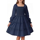 JiAmy Girls Dress Fall Puff Long Sleeve Square Neck Smocked Shirred Tiered Ruffle Flared Party Dresses