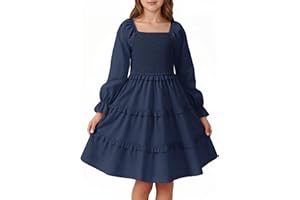 JiAmy Girls Dress Fall Puff Long Sleeve Square Neck Smocked Shirred Tiered Ruffle Flared Party Dresses