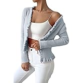 SKAYS Women's Ruffle Button Cardigan Knitted Cropped V-Neck Long Sleeve Front Open Top