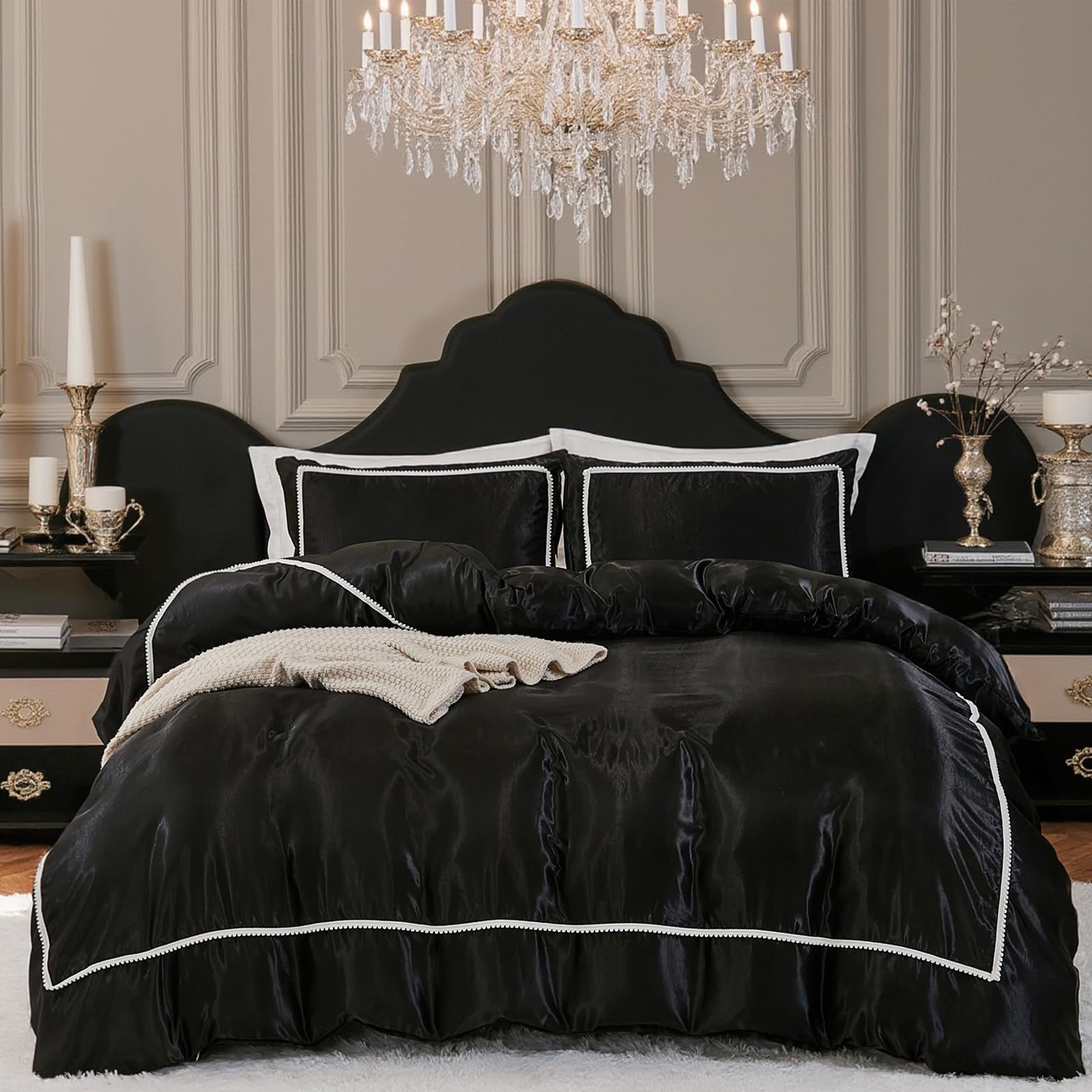 Photo 1 of ***POSSIBLY MISSING PIECES*** Herside Black Satin Comforter Set 7 Pieces King Size Bed in a Bag Luxurious Satin Bedding Set with Comforter Pillowcases and Sheets Sets Mini Pompoms Design Super Soft Silky Bed Set for All Seasons