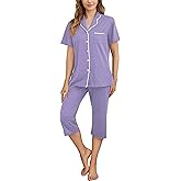 Womens Capri Pajamas Set Button Down Short Sleeve Lounge Sets Sleepwear Notch Collar Top & Capri 2 Piece PJ Sets