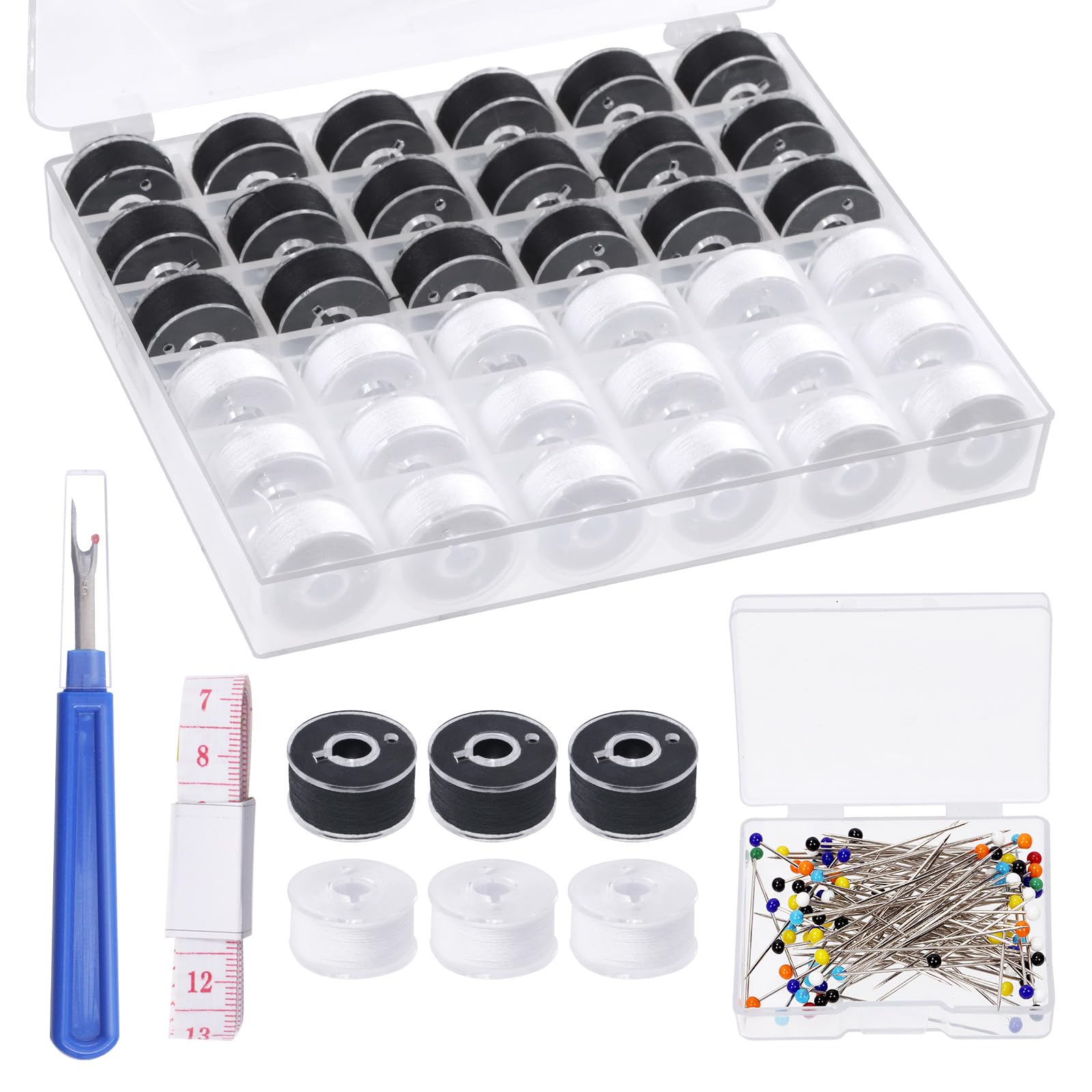 Tanstic 36Pcs White & Black Prewound Bobbins, Size A Prewound Bobbin Thread with Bobbin Case, 100Pcs Sewing Pins, Seam Ripper, Ruler for Embroidery and Sewing Machines