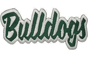 WHOLESALE APPLIQUE Bulldogs Mascot, Team Name, Embroidered, Iron on Patch (Dark Green Twill/White Outline)