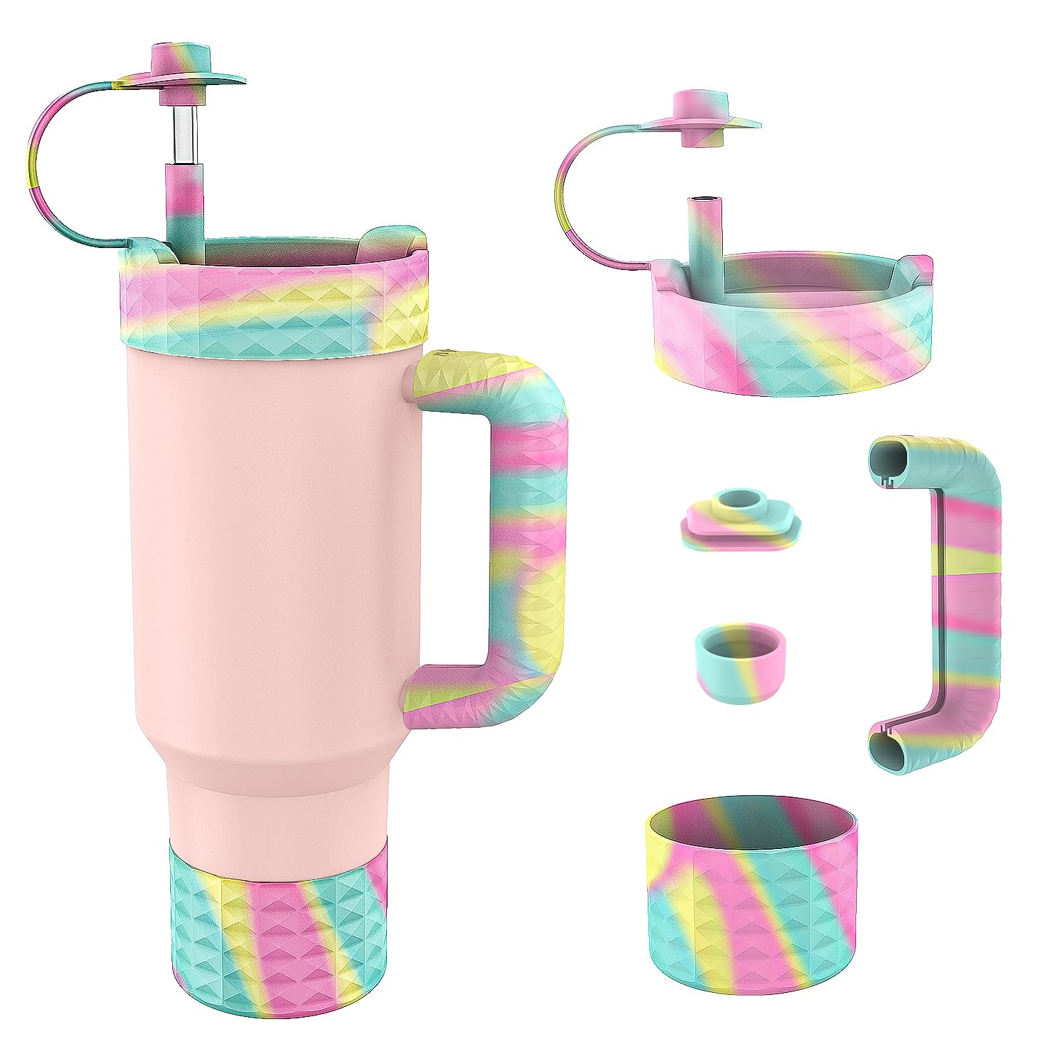 Tyasoleil Cup Accessory Set Compatible with Stanley, Silicone Resin Protector Set with Handle for Cup 40oz Tumbler, Silicone Spill Proof Stopper (Macaroon D)