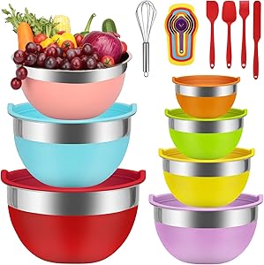 Mixing Bowls - BABYLTRL Mixing Bowls Set, 18pcs Kitchen Tools Stainless Steel Nesting Mixing Bowls with Lids, Size 7, 6, 5, 4, 3, 2, 1.5 QT, 7 Colors Kitchen Bowls for Mixing, Serving & Prepping