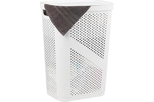 Mind Reader Slim Laundry Hamper with Lid, 60L Clothes Basket, Ventilated Plastic, White