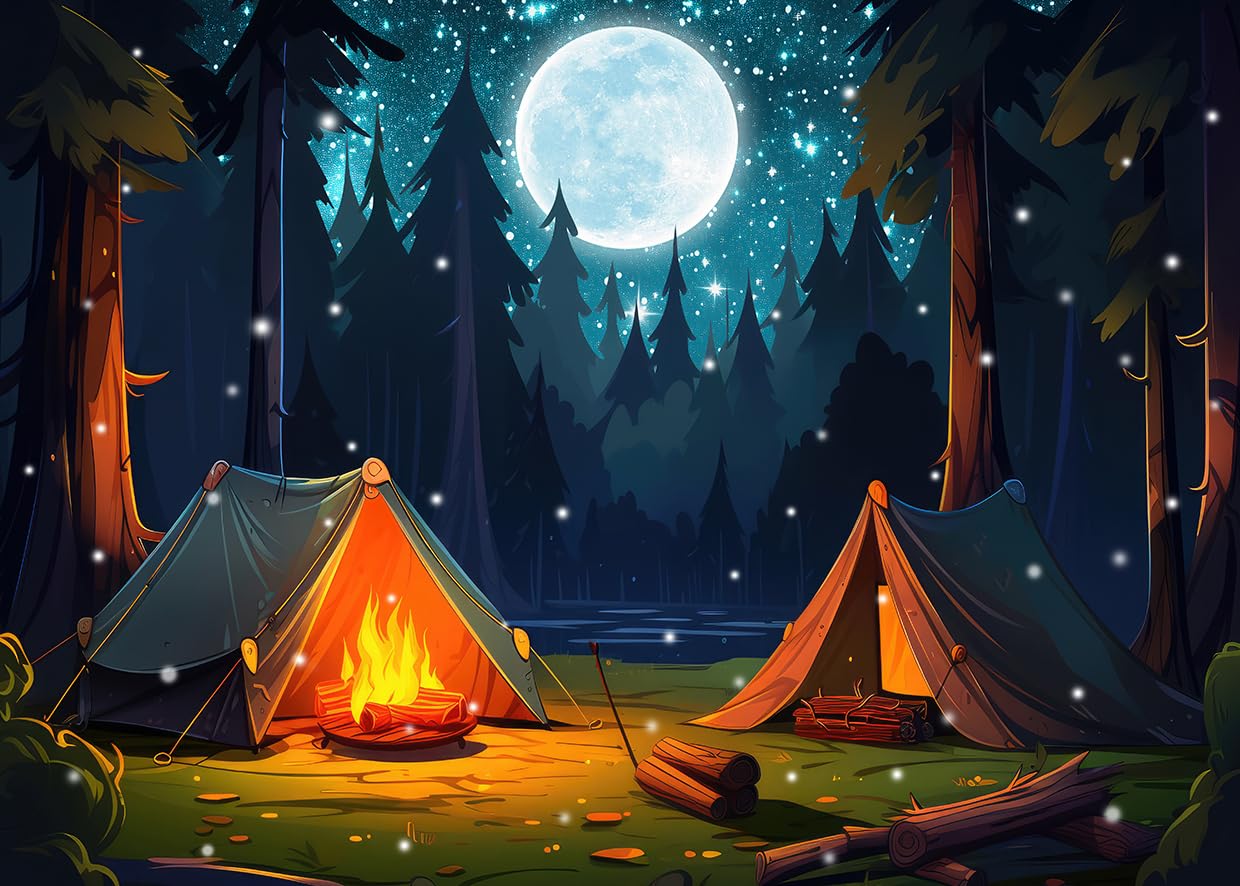 Photo 1 of SJOLOON Camping Backdrop Forest Scene Photo Background for Camping Theme Party Decoration Banner 12772 (7x5FT)
