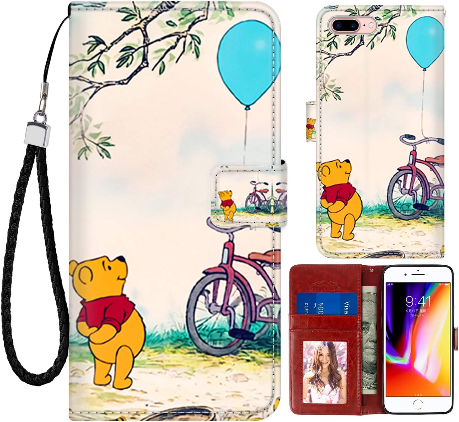 DISNEY COLLECTION Wallet Case for iPhone 7/8 Plus 5.5 Inch Winnie The Pooh Pattern Magnetic Closure with Kickstand Folio Flip Cover with Card Holder and Wrist Strap Protective Cover for iPhone 7+/8+