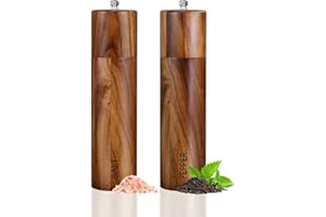 2 Pack Acacia Wooden Salt and Pepper Grinder Set, 8 Inches Refillable Salt and Pepper Mills with Adjustable Coarseness & Cera