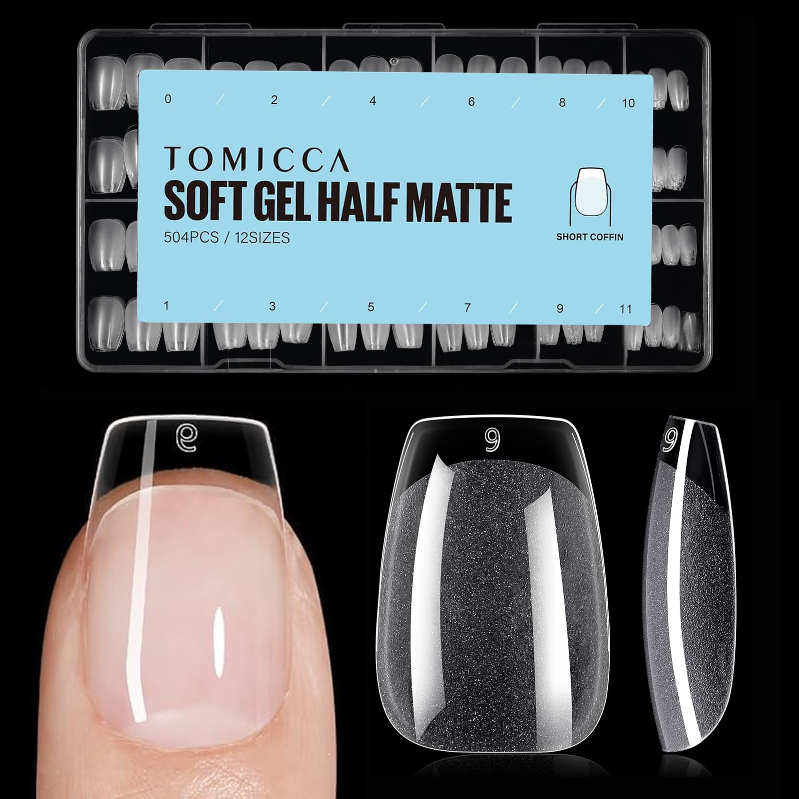 TOMICCA Short Coffin Nail Tips- 504PCS Soft Gel Full Cover Half Matte Clear False Acrylic Nail Gel Tips Kit for Soak Off Nail Extensions Kit, 12 Sizes — image 1