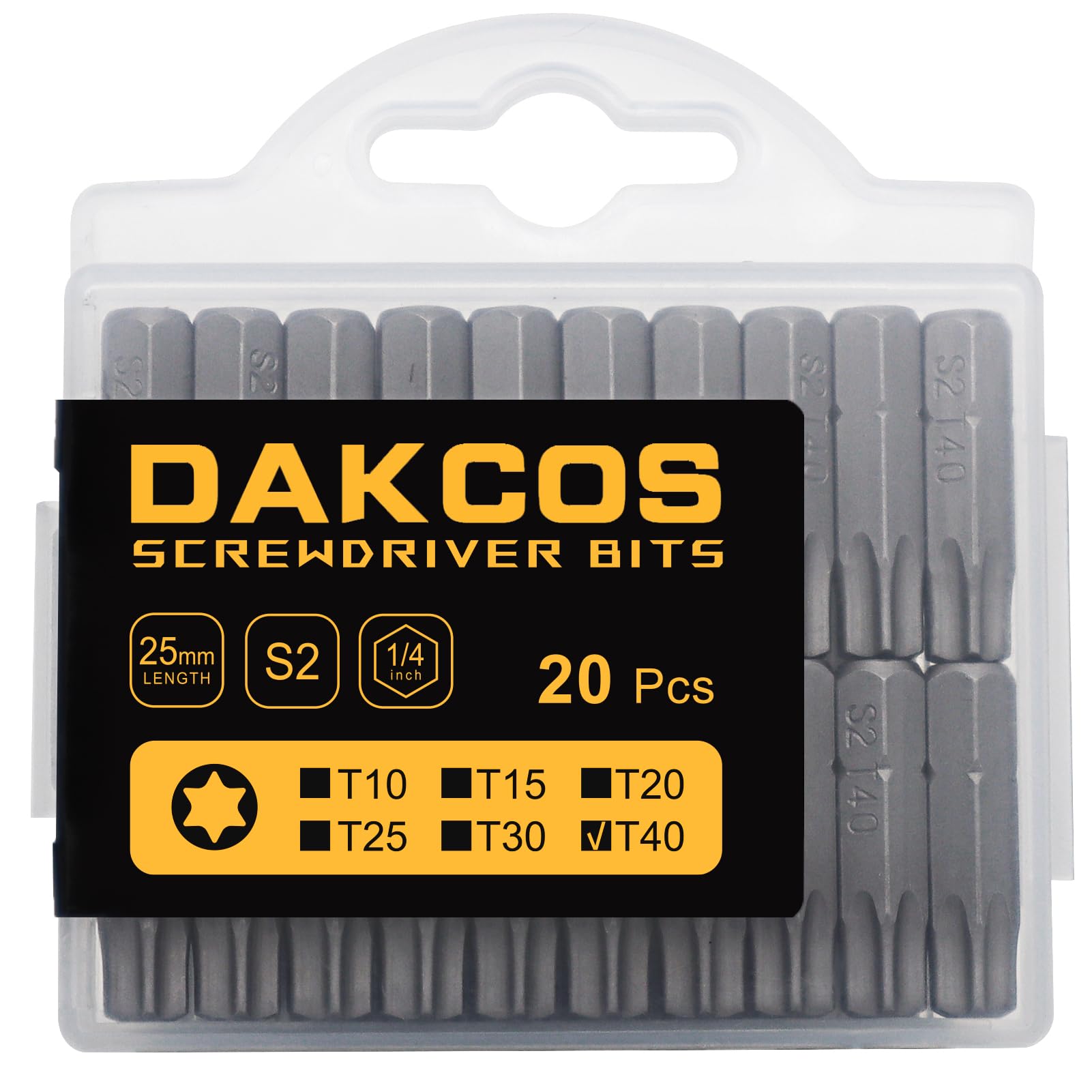 DAKCOS T40 Torx Bit, 20PCS Impact Driver Bits, 1/4" Screwdriver Bit Sets, Premium S2 Alloy Steel Bits, 25mm Long