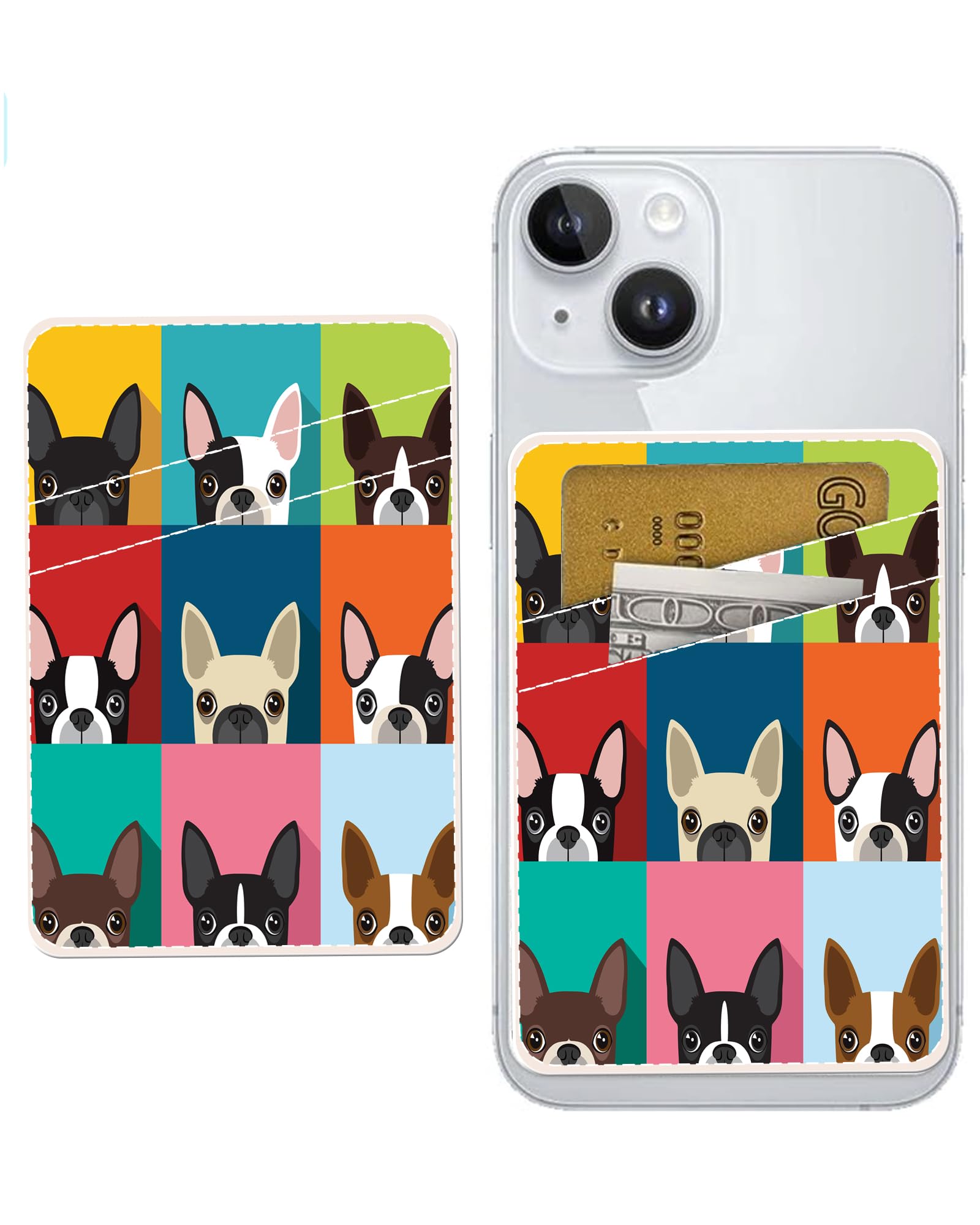AOHRO Dual Pocket Leather Phone Wallet, Adhesive Stick On, Cute & Funny Dogs Design