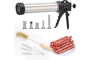Jillmo Jerky Gun, Stainless Steel Jerky Maker, Jerky Gun Kit with 5 Stainless Steel Nozzles and 5 Cleaning Brushes