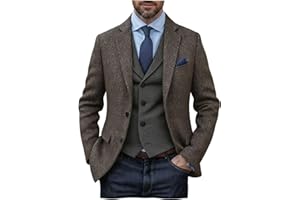 DRCUIVS Men's Herringbone Tweed Blazer Wool Blend Tailored Fit Single Breasted Two Button Suit Jacket Business