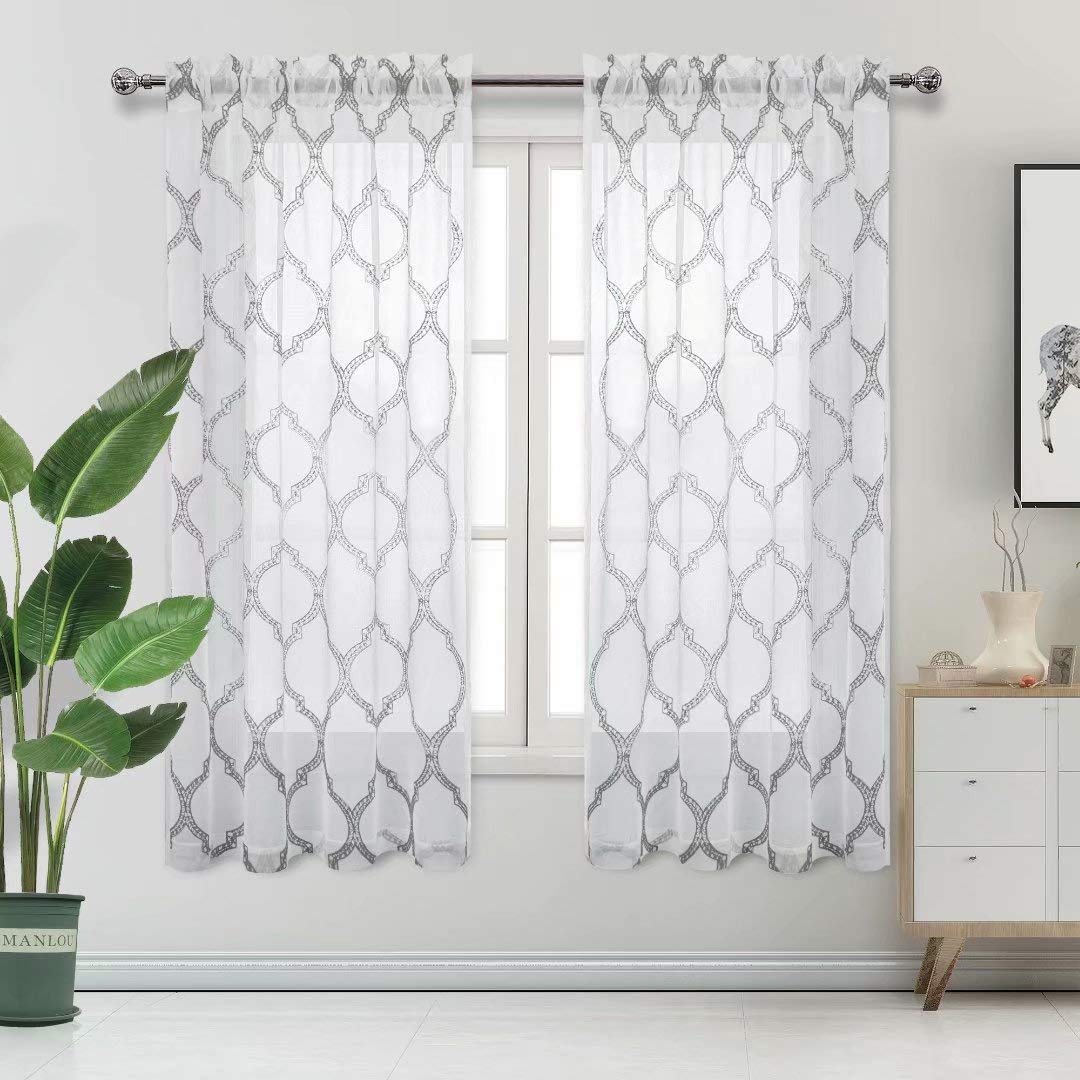 DWCN Grey Moroccan Sheer Curtains Geometric Embroidered