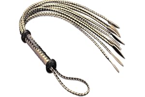 TRYOLOVE Handwoven Black & Gold Genuine Leather Cat-O'-Nine-Tails Whip | 60cm Total Length with Willow-Leaf Tail | 15cm Hangable Premium Equestrian Whip | Dual Use for Training & Collectors