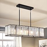 Siljoy Modern Rectangular Crystal Chandelier, 5 Lights Black Rectangle Raindrop Chandelier Lighting, Industrial Linear Pendan