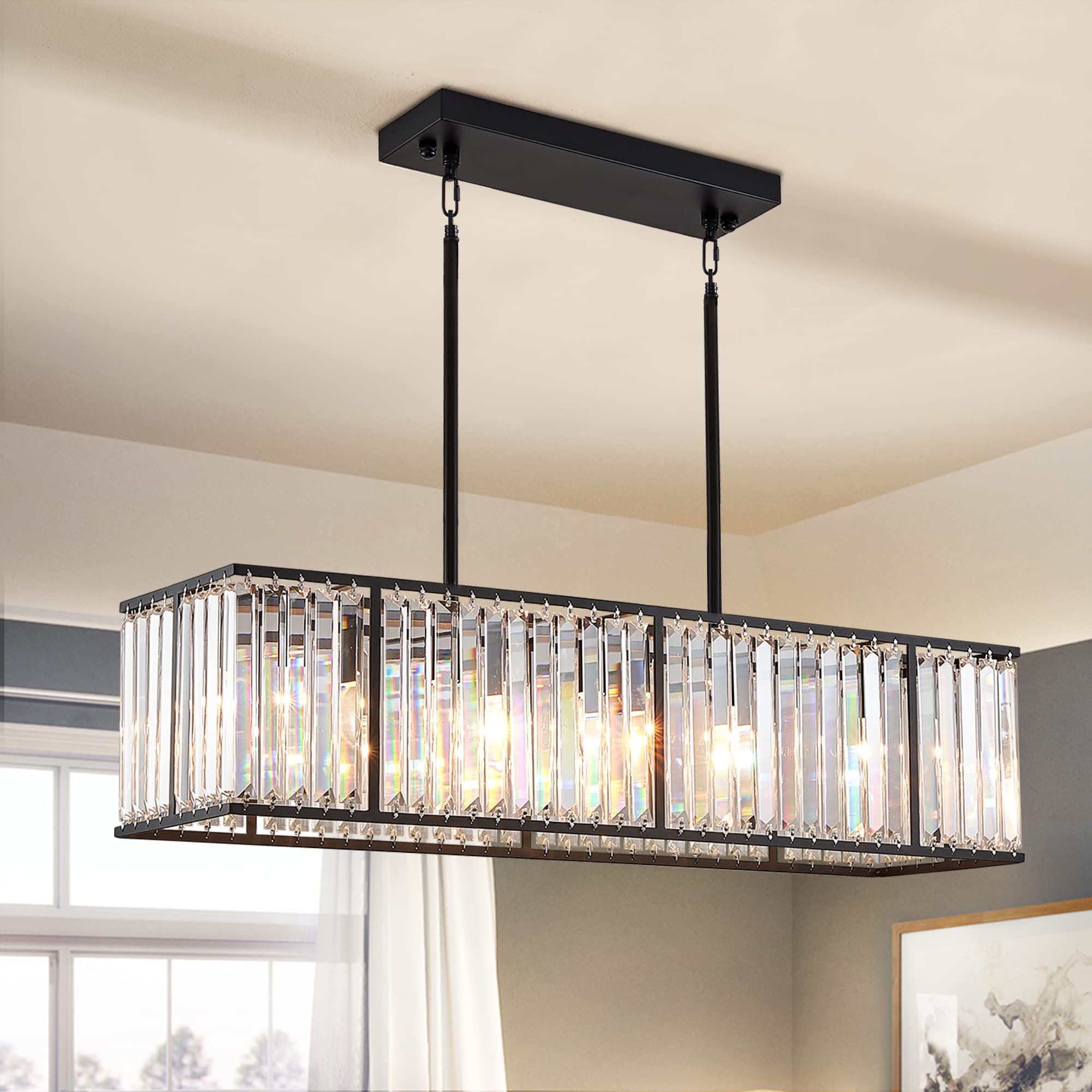 Siljoy Modern Black Rectangular Crystal Chandelier for Dining Room L33.5''