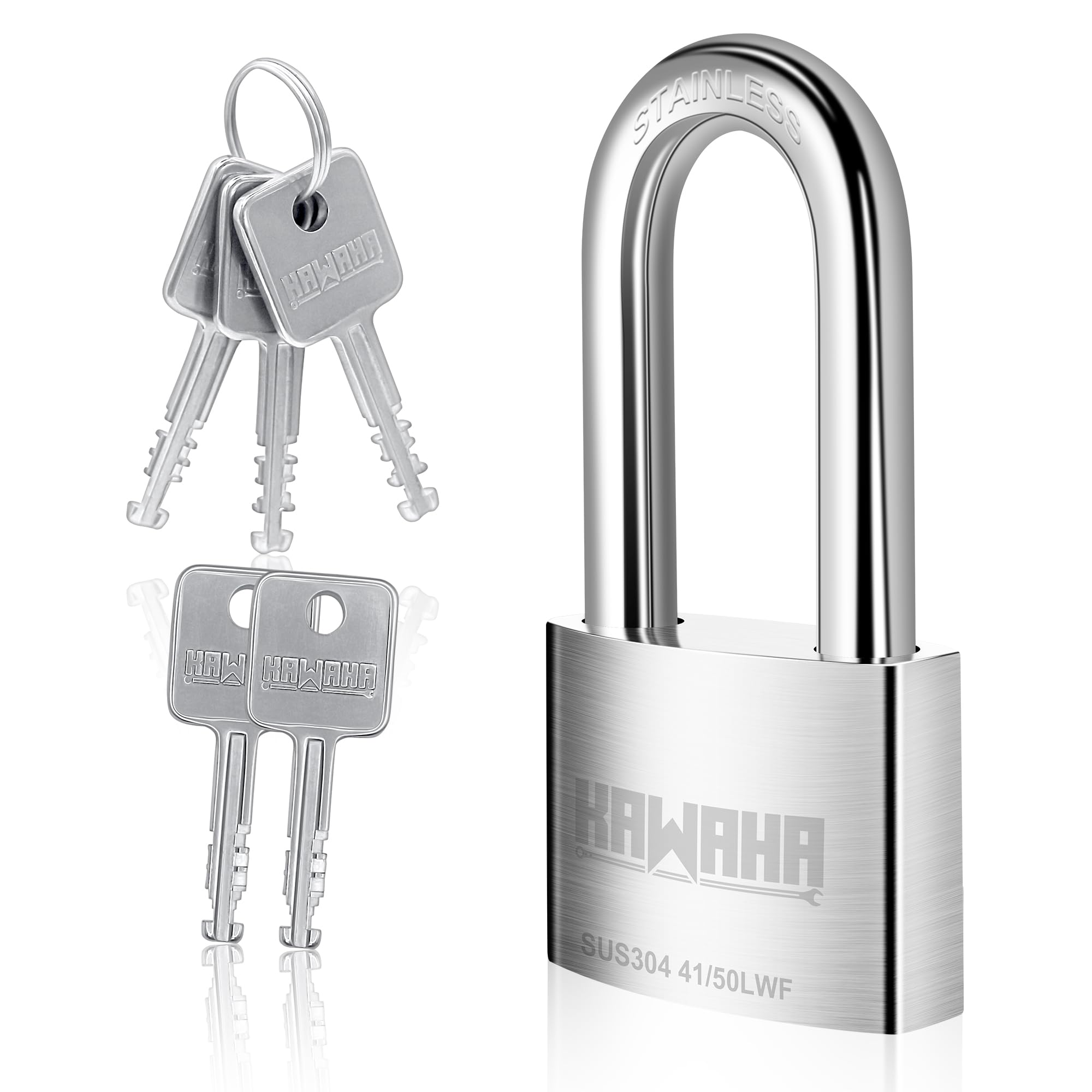 KAWAHA 41/50LKD-5SK 2 inch (50mm) Long Shackle High Security Stainless Steel Padlock with Key for Both Indoor and Outdoor Use (Heavy Duty, Anti-Rust, 50mm, Keyed)
