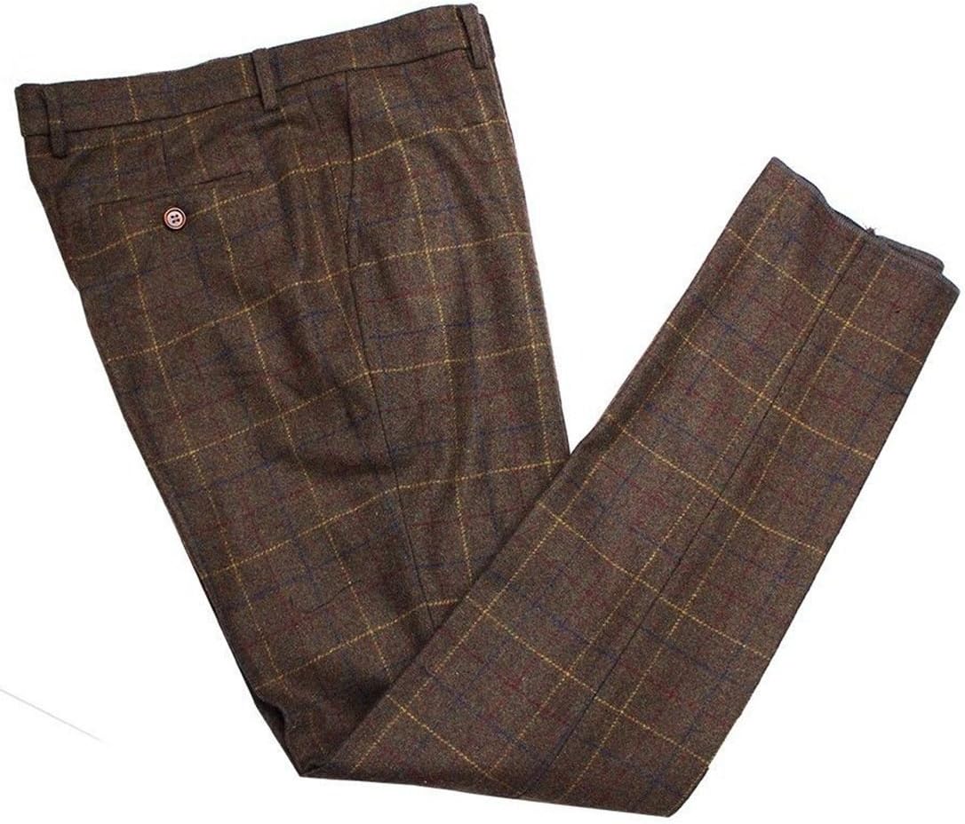 Mens Premium Wool Blend Tweed Herringbone Slim Fit Check Plaid Casual Suit Separate Pant