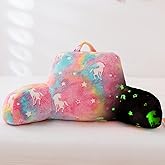 Aimuan Reading Pillow Glow in The Dark Bed Rest Wedge Kids Glow Backrest Pillow Unicorn Print with Arms Back Support for Sitting Up in Bed Cushion, Rainbow