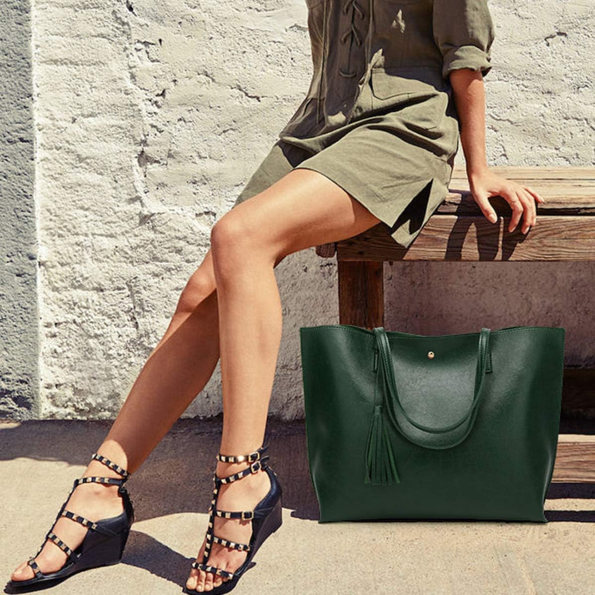 NICOLE&DORIS Women Tote bag PU leather handbag shoulder bag fashion large handbag Dark Green - Image 3