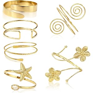 ADULLPONY 6 PCS Gold Upper Arm Cuff Bracelets for Women - Boho Floral & Starfish Open Adjustable Arm Band Set, Lightweight Su
