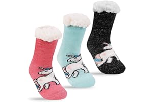 FENELY 3 Pairs Kids Boys Girls Slipper Socks Winter Sherpa Lined Fuzzy Warm Soft Non Skid