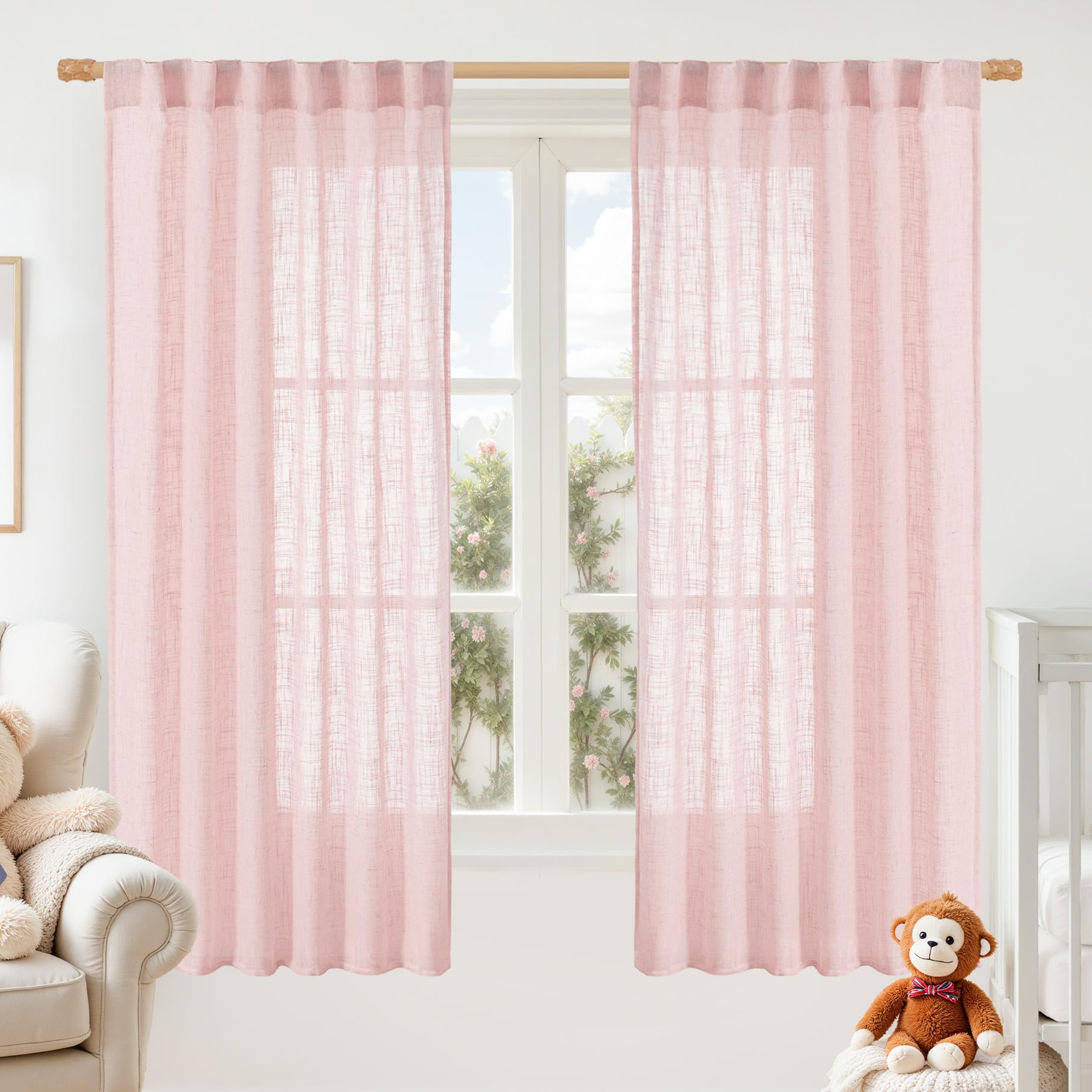 Photo 1 of LAMIT Sheer Linen Curtains 63 Inch for Girls Bedroom, Light Filtering Neutral Semi Sheer Farmhouse Boho Curtains Back Tab and Rod Pocket Living Room Panels, Pink, 2 Panels, 52 x 63 Inch