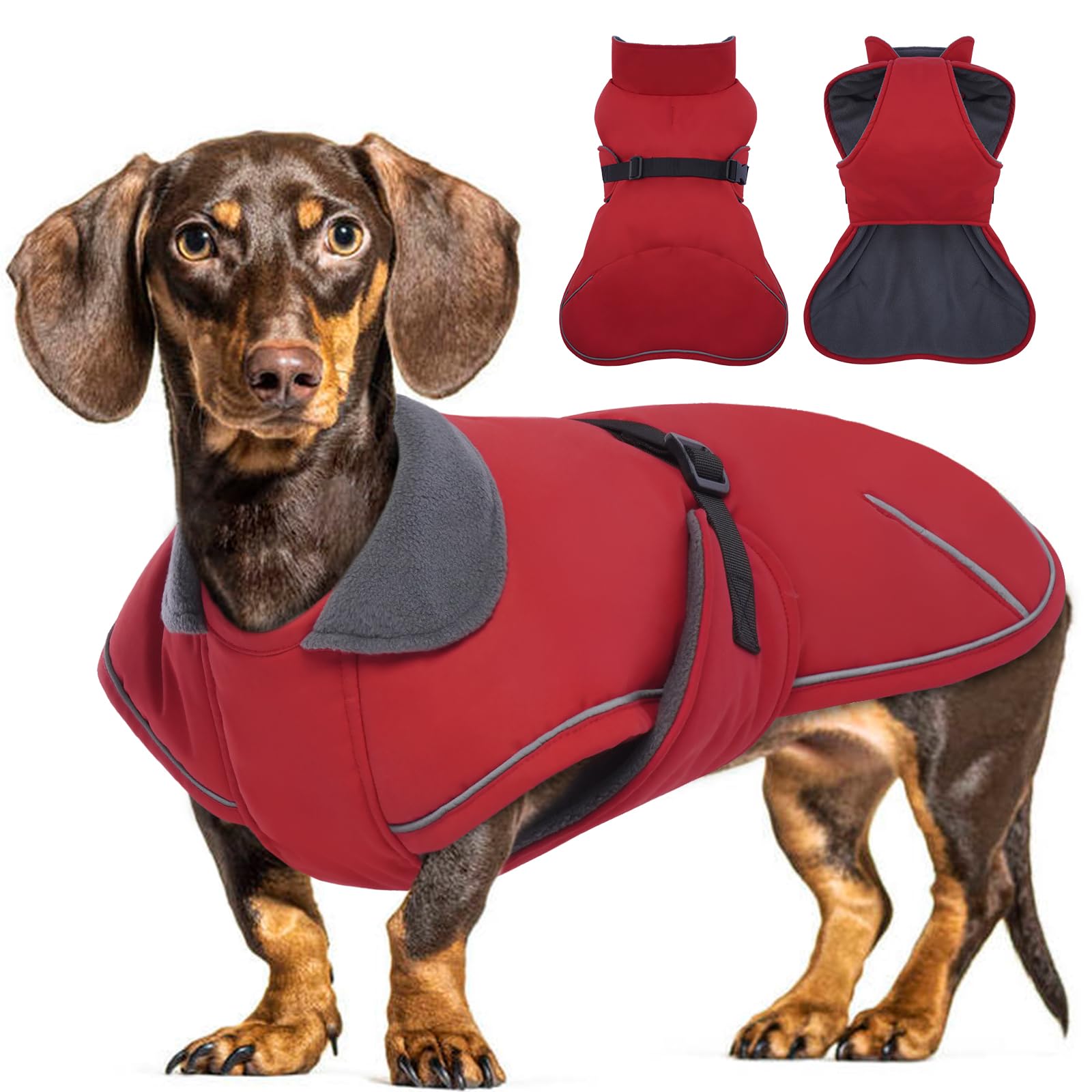 Hjyokuso Dachshund Coat Waterproof Winter Dog Jacket with Soft Warm Lining, Pullover Design for Miniature Sausage Dogs in Cold Weather, Walks, Snow, Outdoor Adventures - Red XS — image 1