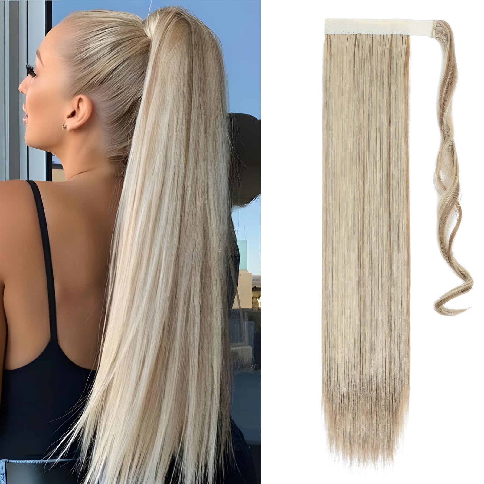 Ponytail Hair Extension 23inch One Piece Clip in Straight Balayage Hair Pony Tail Synthetic Hairpieces (Sandy&Bleach Blond) — image 1