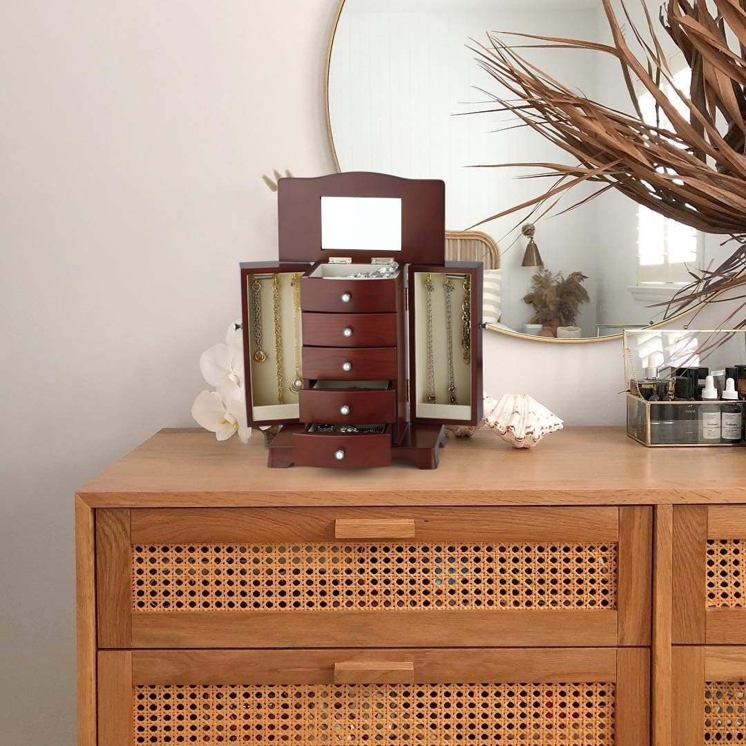 Jewelry Box - Made of Solid Wood with Tower Style 4 Drawers Organizer and 2 Separated Open Doors on 2 Sides and Large Mirror Brown: Home Improvement
