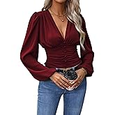 GORGLITTER Women's Ruched Deep V Neck Button Front Smock Lantern Sleeve Crop Top Blouses