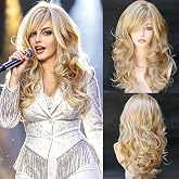 RightOn 22 Inches Blonde Mix Brown Wig Long Curly Mix Blonde Wig with Bangs Long Wavy Wig for Halloween Cosplay Costume Party