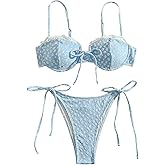 SHENHE Women's Underwire Swimsuit 2 Piece Lace Floral Dobby Textured Side Tie Cute Bikini Set