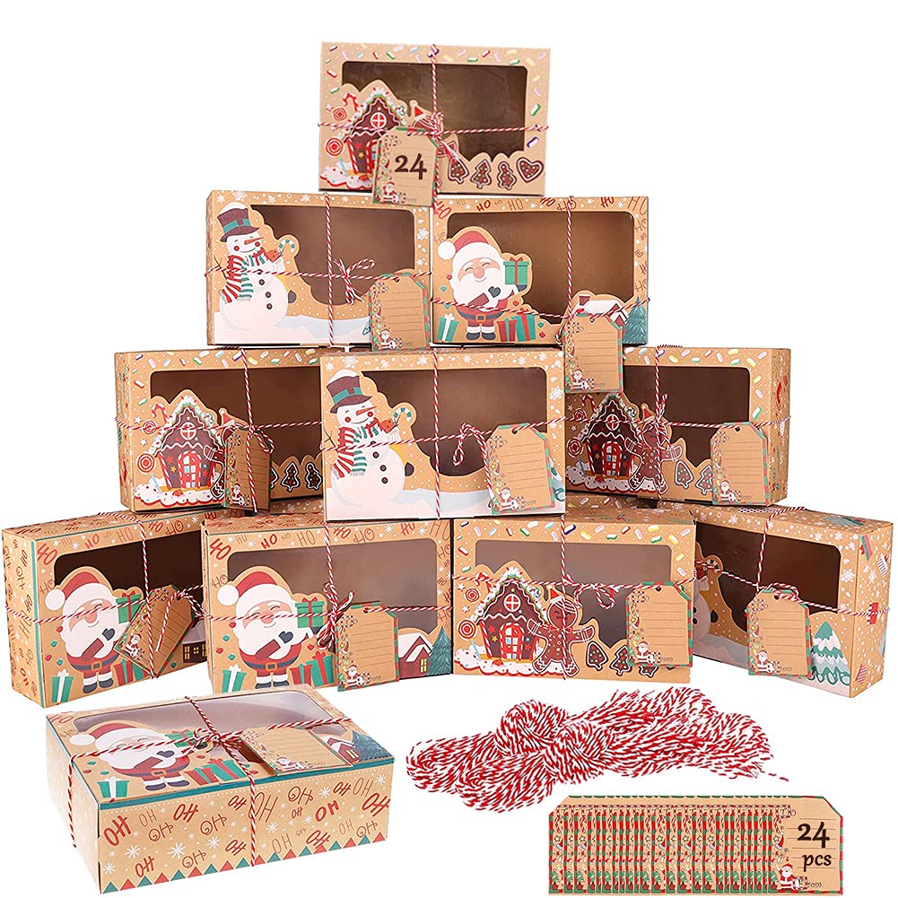 24pcs Christmas Cookie Boxes Doughnut Gift Boxes Bakery Box with Clear Window, Green and Red Holiday Designs Paper Gift Boxes with Xmas twine string and tags for Presents Wrap Supplies (22x15x7cm)