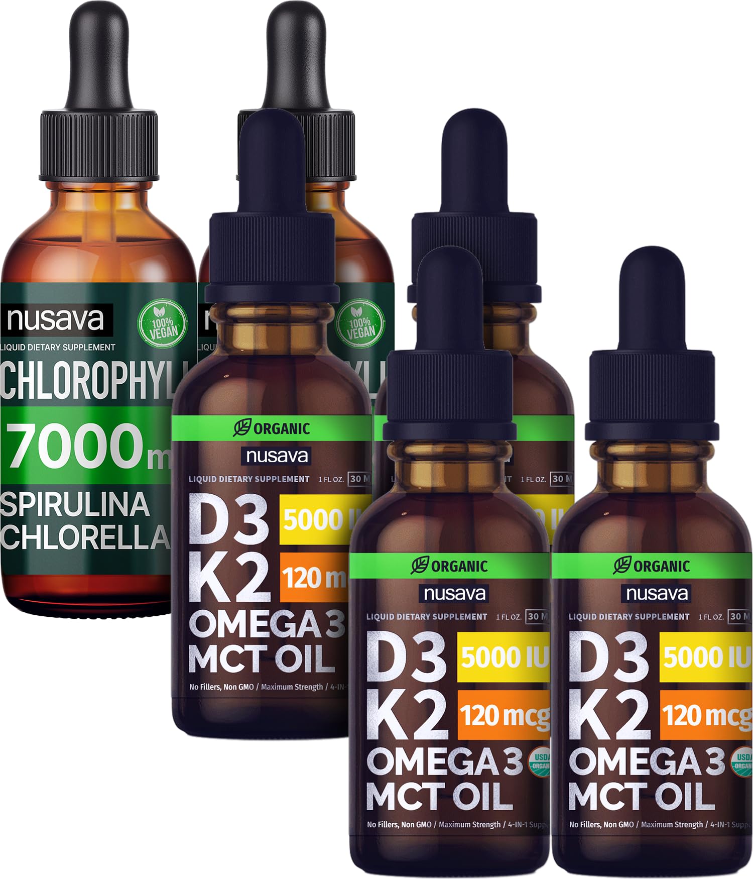 NUSAVA Unflavored D3 K2 Liquid Drops (4 Pack) and Chlorophyll Liquid Drops (2 Pack) Bundle - Potent Liquid Vitamins for Heart, Joint, Energy, & Immune Support - Non-GMO, Gluten-Free