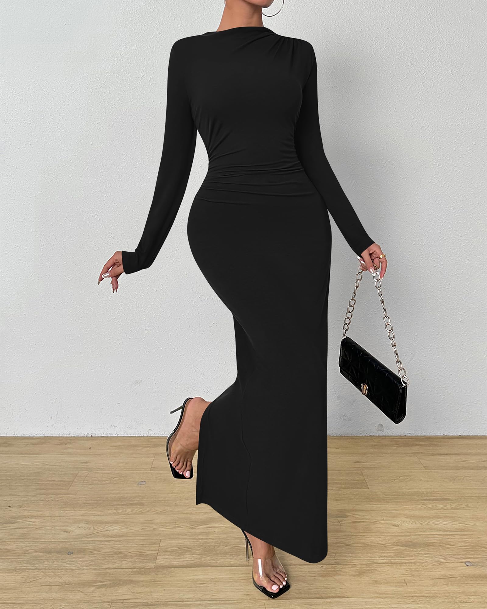 BTFBM Women Bodycon Maxi Dress Long Sleeve Back Slit Ruched Elegant Party Cocktail Formal Fall Wedding Guest Dresses