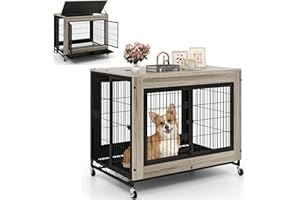 Giantex Dog Crate Furniture with Wheels, 38” Modern Dog Cage with 3 Doors, Flip Top Lid, Removable Pull-Out Tray, Decorative 