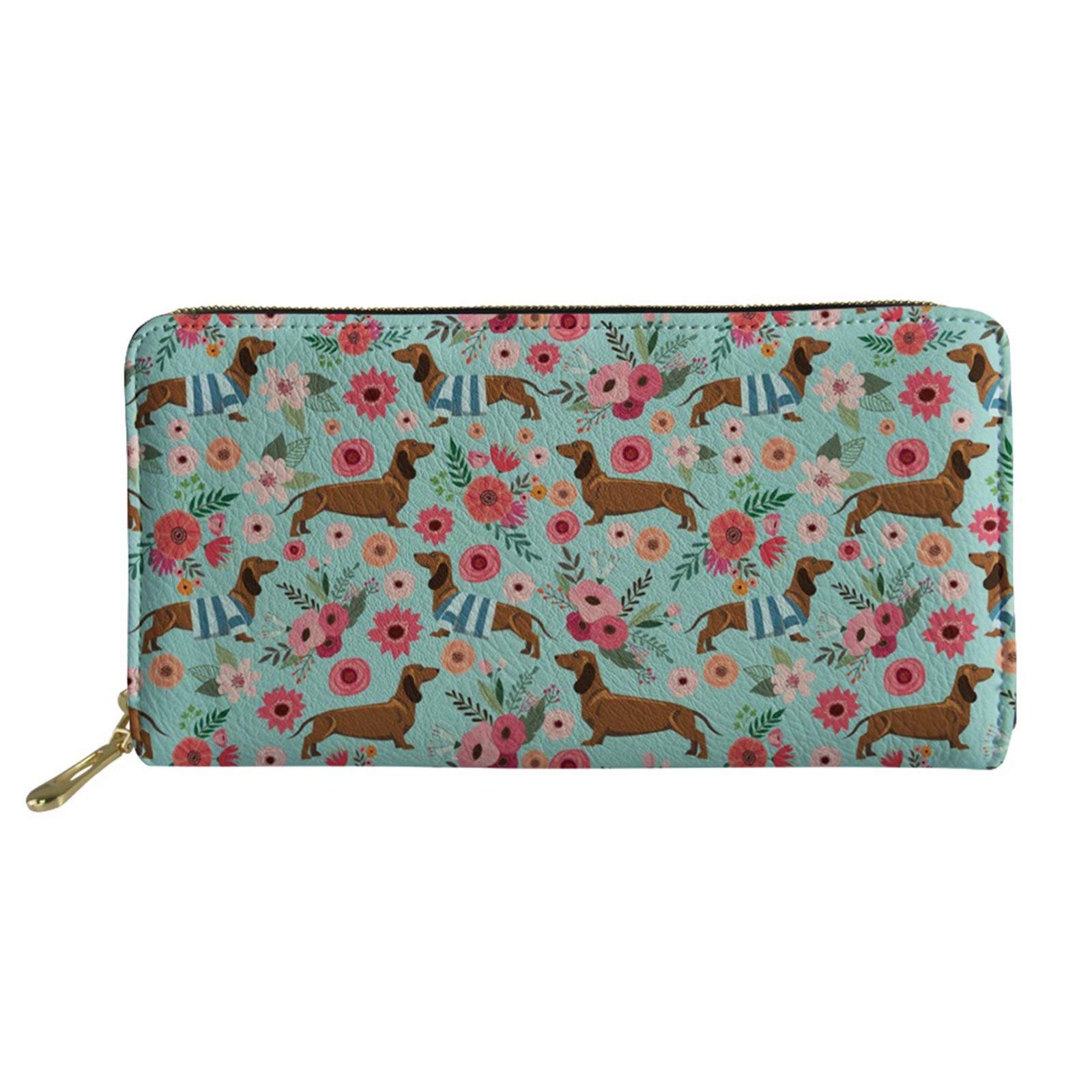 MODEGA Green Zipper Wallet for Women Ladies, Casual Money Clips Credit Card Case Large Capacit Purse, Lovely Dachshund with Flowers Leather Wallets