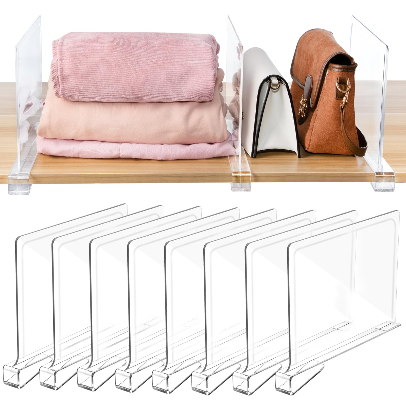 Photo 1 of HONSREO Shelf Dividers for Closet Organization, 8 Pack Acrylic Shelf Divider for Clothes Purses, Clear Plastic Separators for Wood Shelves Organizer, Cabinets, Bedroom, Kitchen, Office