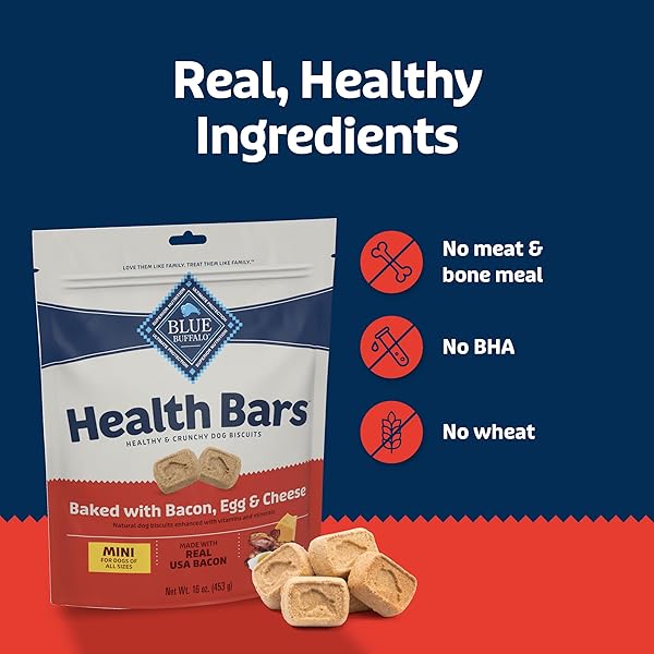 BLUE BUFFALO HEALTH BARS MINI CRUNCHY DOG BISCUITS, OVEN-BAKED WITH NATURAL INGREDIENTS, BACON, EGG & CHEESE, 16-OZ BAG