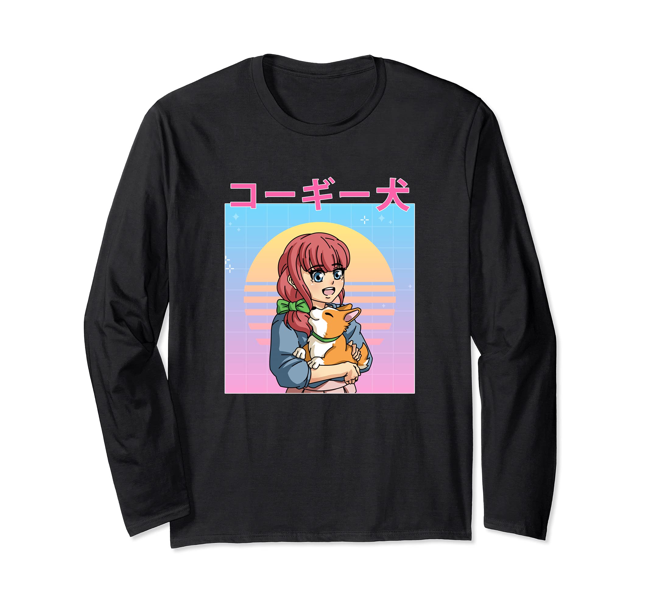 Funny Retro 90s Japanese Kawaii Anime Girl and Corgi Dog Long Sleeve T-Shirt