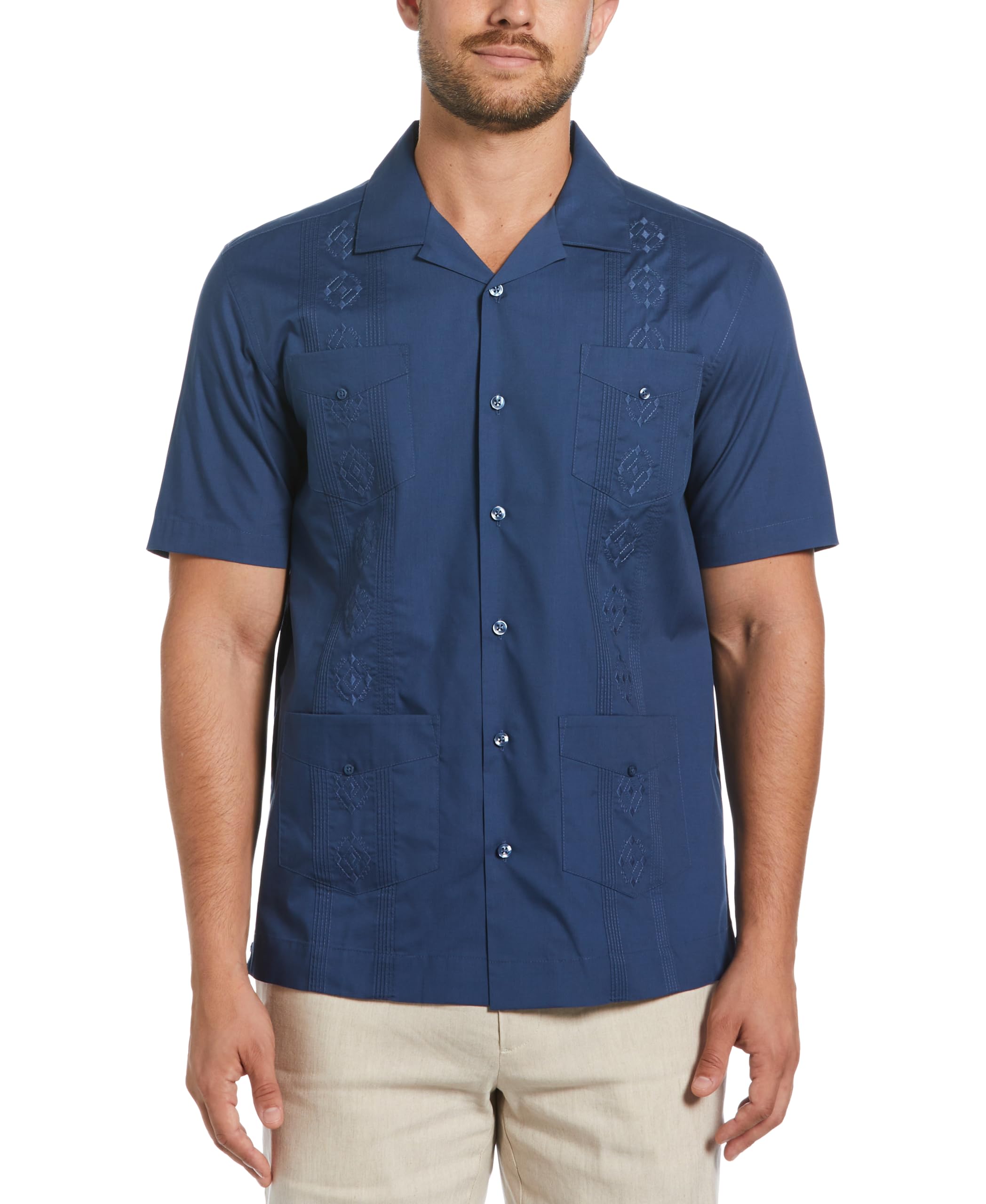 Cubavera Men’s Short Sleeve Embroidered Authentic Guayabera Shirt with Four Pockets, Regular Fit (Available in Big & Tall), Ensign Blue