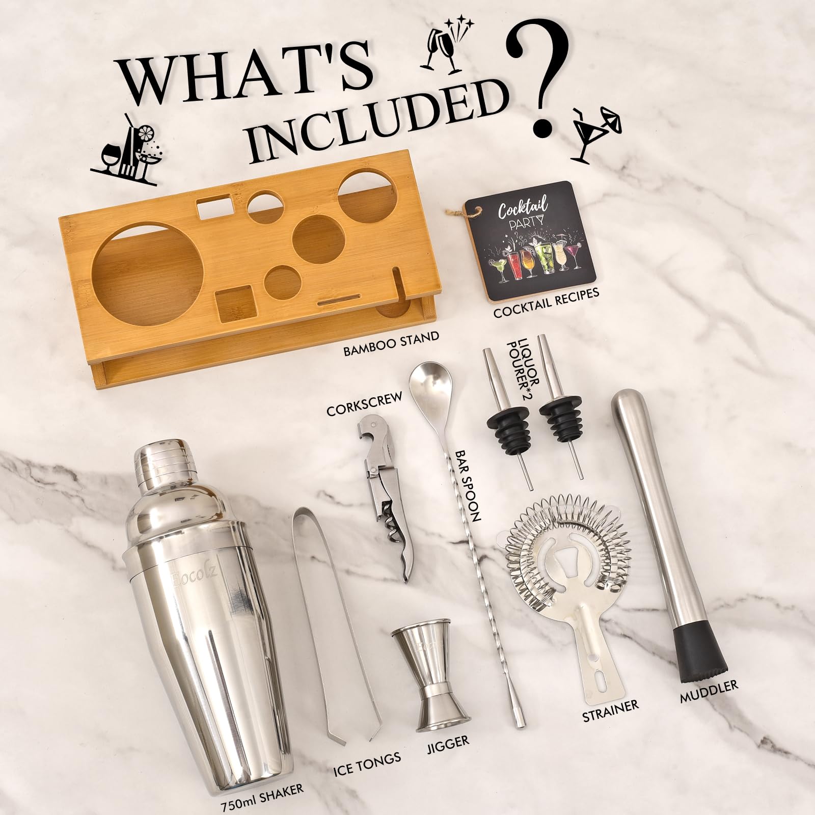 Bartender Kit Cocktail Shaker Set with Stand Bar Tool Bar Set for Drink Mixing Home Bartending Kit 11-Piece Bar Cart Accessories: Martini Shaker, Mixer Spoon, Jigger, Muddler, Strainer & Recipes Gifts - Image 3