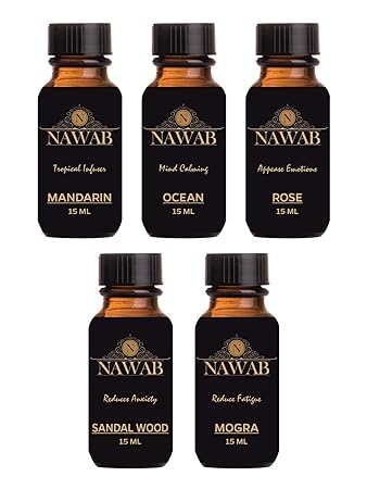Nawab set of 5 crafted aroma diffuser oil 15ml each - Mandarin, Ocean, Rose, Sandalwood, Mogra