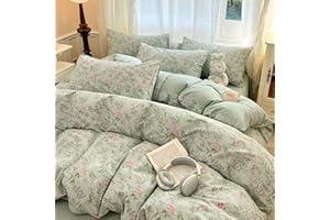 CCoutueChen Duvet Cover Full 3Pcs Green Pink Floral Bedding Set for Girls Kids Botanical Flower Bedding Reversible Striped Pattern Soft Microfiber Sage Green Bedding with 2 Pillowcases(No Comforter)